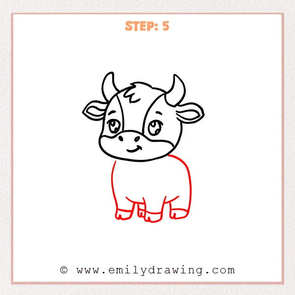 how to draw a cartoon bull - Cartoon bull with a rounded body added under the head, plus four short legs with simple hooves.